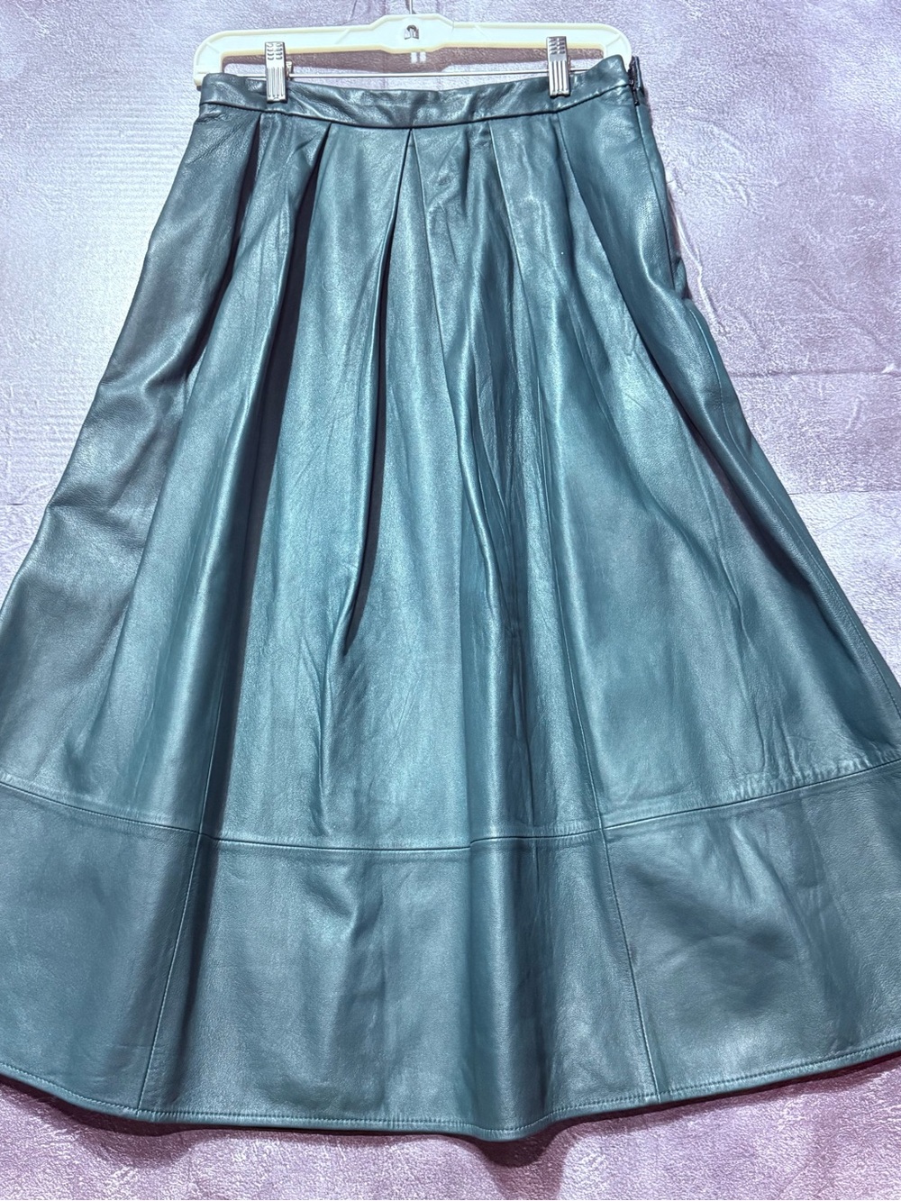Tibi Green Leather A-Line Pleated Midi Skirt Size 6